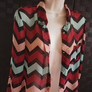 Women Sheer Long Sleeve Chevron Print Blouse